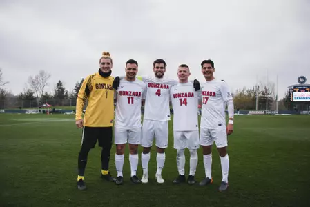 Seniors Ben Willis, Denis Kalamar, Austin Giftopoulos, Jake Kempf and Octavio Rivas pose before game