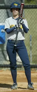 Freshman Chrysanthi Halkiotis was one of six Colonials to record an RBI in GW's doubleheader against UVa on Wednesday, April 20, at the GW-Mount Vernon Softball Field.