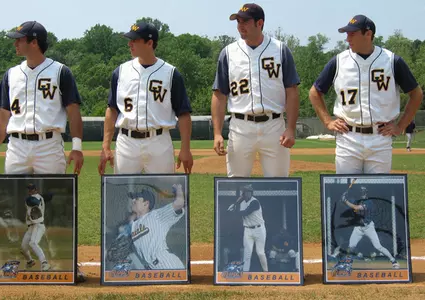 Seniors (left to right) Geoff Milsom, Avi Rasowsky, Ryan Roberson and Brad Rosenblat were four of the seven graduating players honored prior to GW's final 2005 home game on Saturday.