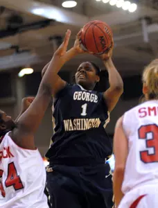 Sophomore Jessica Adair goes for two of her 12 second-half points in GW's 68-55 win at Stony Brook on Saturday.