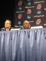 GW head coach Karl Hobbs takes questions from the media at Wednesday's pre-game first round NCAA Tournament press conference from Greensboro Coliseum.