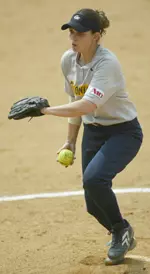 Sophomore co-captain Jen Hrycyna pitched a complete game for the Colonials in game two of their A-10 doubleheader against UMass Friday afternoon at Mount Vernon.