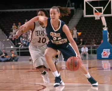 Senior Sarah-Jo Lawrence and the No. 13 GW women's basketball team hosts DT3 in exhibition action at Smith Center Friday night.