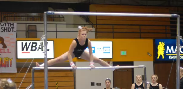 Maggie Parrack won the floor exercise with a 9.8 in her last home meet.