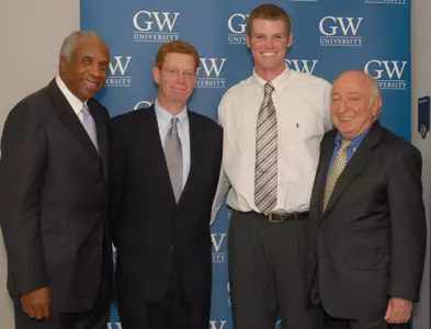 Frank Robinson ('06), Assistant Baseball Coach Jim Mason, RHP Derek Haese and Sportswriter Roger Kahn