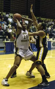 Senior Jazmine Adair scored all 10 of her points in the first half to help GW to a 77-36 rout of Coppin State Monday night.