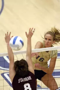 Liz Moult pounded nine kills against Dayton in the A-10 Tournament semifinal match Saturday in St. Louis.