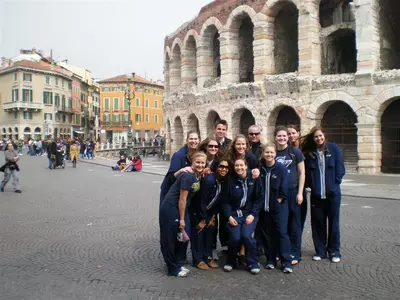 Group shot taken in the Piazza Bra located directly outside the Arena w/ tour guides Cory & Mitja.