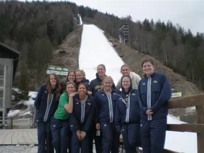 GW volleyball team in front of the largest ski jump in the world (Planica, Slovenia).