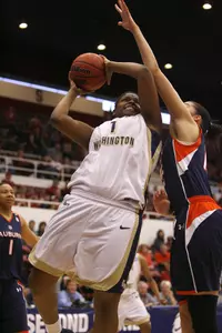 Junior Jessica Adair led No. 20/16 GW into the second round of the NCAA Tournament for the fourth straight year with 17 points and 13 rebounds in a 66-56 win over Auburn.