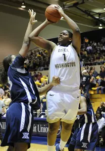 Senior Jessica Adair recorded her second double-double of the season with 18 points and 10 rebounds to lift GW to an 85-82 victory over Duquesne Saturday.