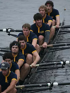 17th ranked George Washington University men's varsity eight defeated league rivals #19 Georgetown and Rutgers yesterday on the Potomac River to reclaim the George Cup.