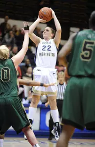 Freshman Megan Nipe knocked down four 3-pointers, including a game-tying triple with 49 seconds left, but GW fell at Duquesne, 66-64, Saturday.