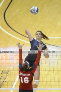 Senior MacKenzie Knox and the GW Volleyball team will close out the regular season with road matches at Rhode Island (Fri., 7 p.m.) and Fordham (Sat., 7 p.m.) before heading to Dayton, Ohio for the Atlantic 10 Championship (Nov. 18-20).