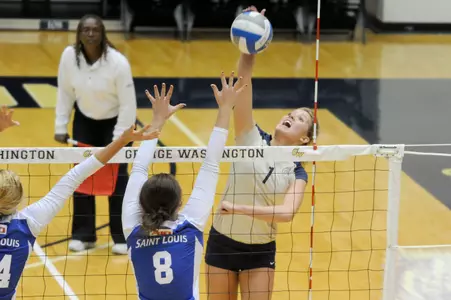 Sophomore Rachel Goss was one of three Colonials to finish with double-digit kills, posting a career-high 19, in GW's 3-2 victory over Duquesne Saturday night.