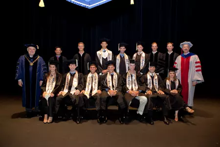 GW President Steven Knapp and Provost Steven Lerman conferred degrees upon 10 student-athletes who participated in a special commencement ceremony Tuesday at the Marvin Center.