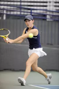 Senior Mimi Hamling advanced to the Flight B semifinal match with a 5-7, 6-2 (7) win over Andrea Samlin of Towson.