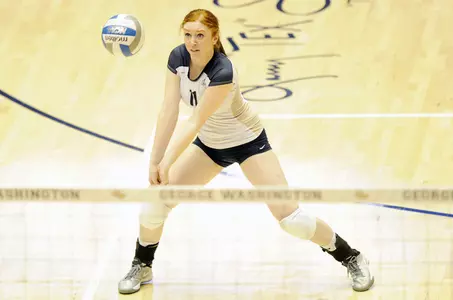 Senior Jessica Burr tied her career-high mark with 12 digs in GW's Revolutionary Rivalry win over George Mason last week. The Colonials and Patriots meet again on Sunday.
