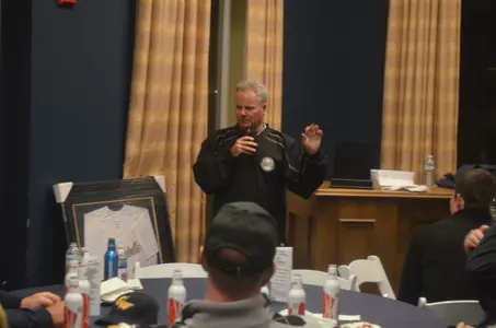 Mike Toomey '74 delivers the keynote address at the 16th Annual GW Baseball Golf Outing on October 25.