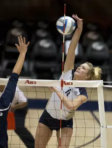 Junior Kelsey Newman was one of four players to record double-digit kills in GW's 3-1 win over Rhode Island in Friday's A-10 Championship quarterfinal match.