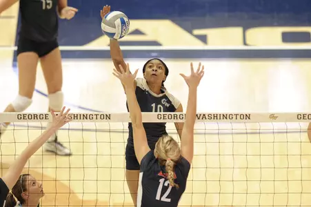 Junior Gabrial Rushton totaled six blocks and three kills in GW's 3-0 sweep of Dayton on Friday.