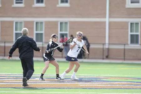 Senior Nicole Lacey won a game-high four draw controls against George Mason.