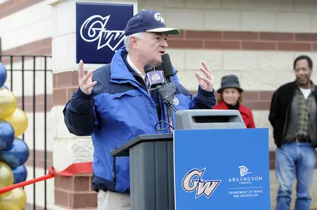 George Washington University President Dr. Steven Knapp welcomes to the crowd at the ribbon-cutting ceremony at the Grand Opening of Barcroft Park on Saturday.