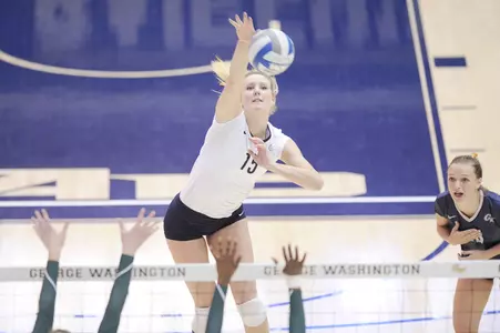Senior Kelsey Newman led all players with 16 kills on Senior Night to lead GW to a 3-0 sweep of Davidson.