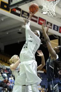 Junior Jonquel Jones posted her second straight double-double in the Colonials' win over Saint Mary's.