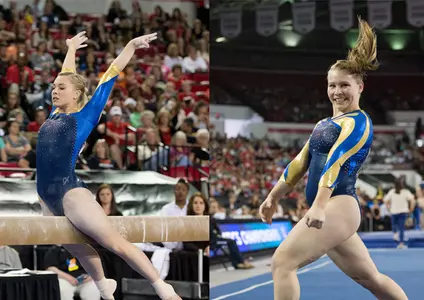 Graduate student Kayla Carto competes on balance beam at the NCAA Athens Regional.