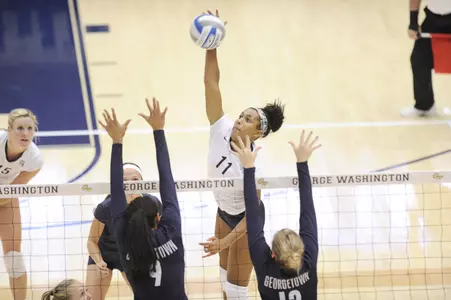 Freshman Aaliya Davidson finished hit .556 with 11 kills in GW's 3-0 sweep of Georgetown on Tuesday.
