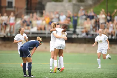 Juniors Brooke Bean & Kyla Ridley celebrate after Ridley scores the game-winning goal in OT against Old Dominion.
