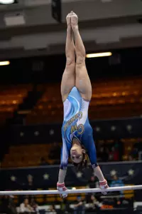 GW is ranked eighth in the nation on uneven bars with an average team score of 49.138.