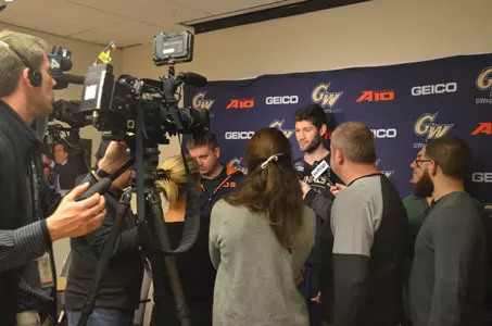 Senior Patrico Garino talks with members of the media on Tuesday afternoon.