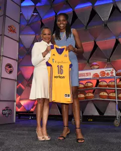 Jonquel Jones poses with WNBA president Lisa Borders after being drafted No. 6 overall. <I>(NBA Photos/Getty Images)</I>