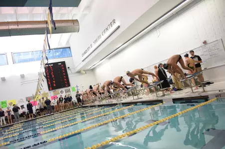 Men's Swimming and Men's Swimming and Diving jumping into the pool