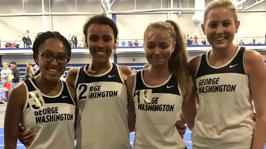 (L-R) Madison Yerke (4th), Halley Brown (1st), Macy Evans (17th) and Macaulay Porter (3rd) competed in the mile for GW on Saturday.