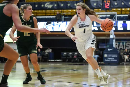 Kelsi Mahoney connected on 5-of-8 three-pointers on the way to a career-high 15 points in GW's 61-44 win over American on Sunday.