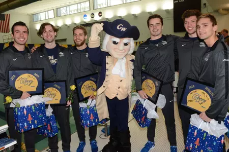 GW celebrated seniors Clarke Indek, Adam Drury, Gustav Hokfelt, Connor Hart, Jarvus Pennington and Aneil Srivastava on Saturday.