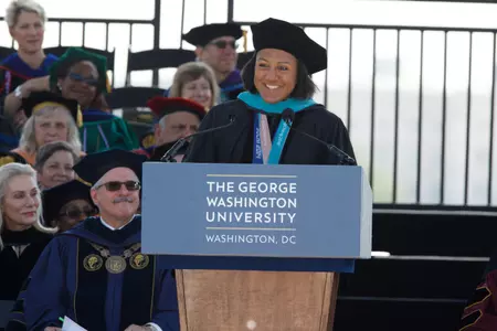 Elana Meyers Taylor addressed the crowd at University Commencement on Sunday.