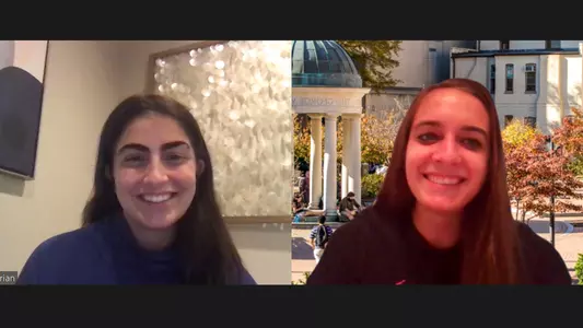 Catherine Khanamirian and Jillian Winstanley connect via Zoom as part of the GW Athletics Mentorship Program.