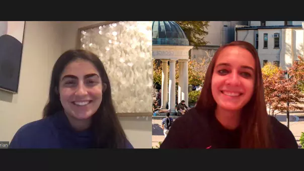 Catherine Khanamirian and Jillian Winstanley connect via Zoom as part of the GW Athletics Mentorship Program.