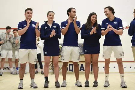 Jamie Oakley, Emma Tyron, Juan Sebastian Laguna, Engy Elmandouh, and Geordie Laird being celebrated by at Senior Game