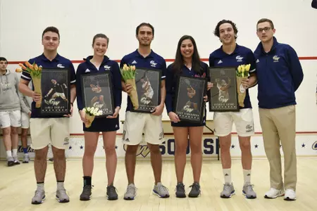 Jamie Oakley, Emma Tyron, Juan Sebastian Laguna, Engy Elmandouh, Geordie Laird, and Head Coach Anderson Good during senior game celebration