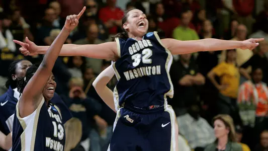 George Washington's Sarah-Jo Lawrence (32) celebrates with teammate Antelia Parrish (13) after Lawrence's game winning shot against California in the NCAA women's basketball tournament in Stanford, Calif., Monday, March 24, 2008. George Washington won 55-53. (AP Photo/Marcio Jose Sanchez)