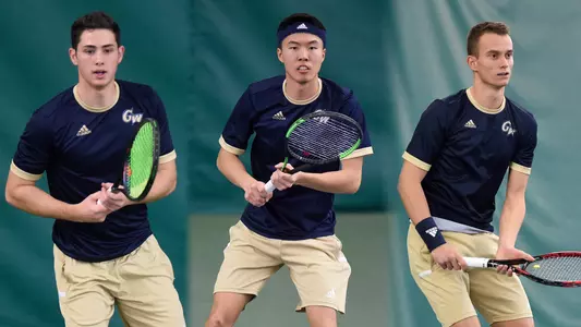 Men's Tennis Award recipients Ethan Jacobs, Zicheng Zeng and Jakub Behun