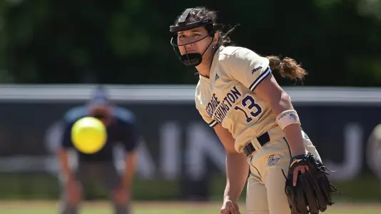 Sierra Lange delivers a pitch vs. Dayton at the A-10 Championship.