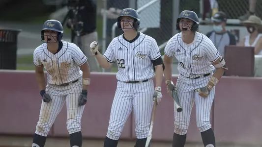 Sierra Lange, Alexa Williams & Faith Weber celebrate Alessandra Ponce's homer vs. Fordham.
