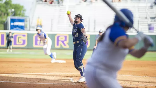 Sierra Lange fires a pitch vs. McNeese State at the Baton Rouge Regional.