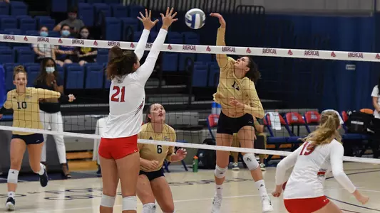 Markella Lanara attacks the ball vs. American